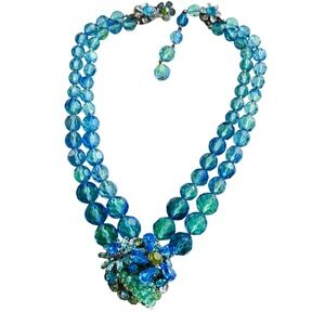 DeMario Signed regal Necklace VTG blue green crystal jeweled beaded multi 18"